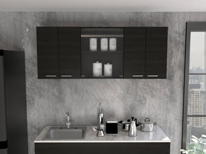 English Elm Yuma 150" Wall Cabinet Black with Two Closed Cabinets, Glass Center Shelves & Built-In Dish Rack B128P148994
