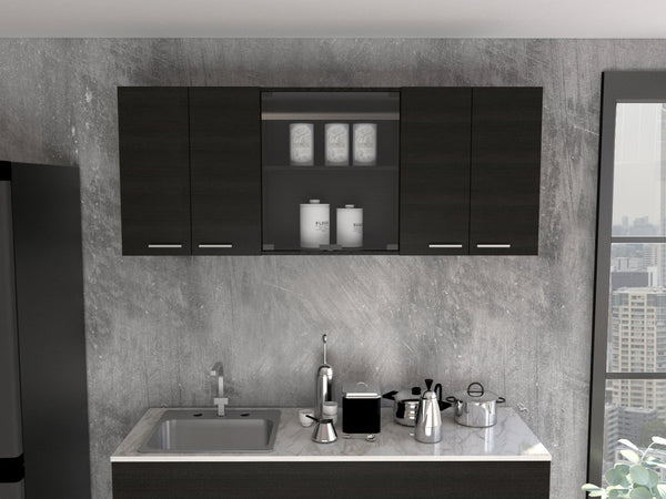 English Elm Yuma 150" Wall Cabinet Black with Two Closed Cabinets, Glass Center Shelves & Built-In Dish Rack B128P148994