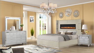 English Elm LIZZELLE Queen 4PC Bedroom Set with Velvet Upholstery, LED Fireplace Display, USB, Bluetooth Speakers B009S02100