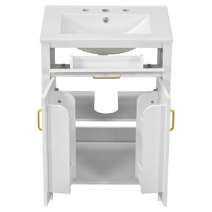English Elm 24"Bathroom Vanity Combo with Ceramic Sink, Space-Saving Modern White Vanity with Gold Handles, 2 Doors WF323088AAK