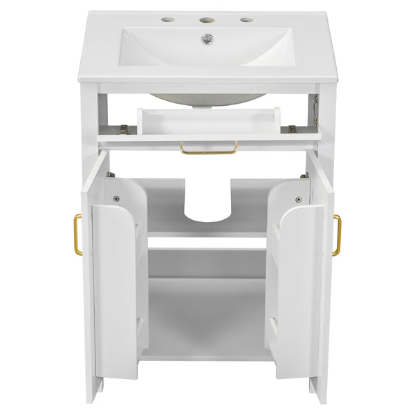 English Elm 24"Bathroom Vanity Combo with Ceramic Sink, Space-Saving Modern White Vanity with Gold Handles, 2 Doors WF323088AAK
