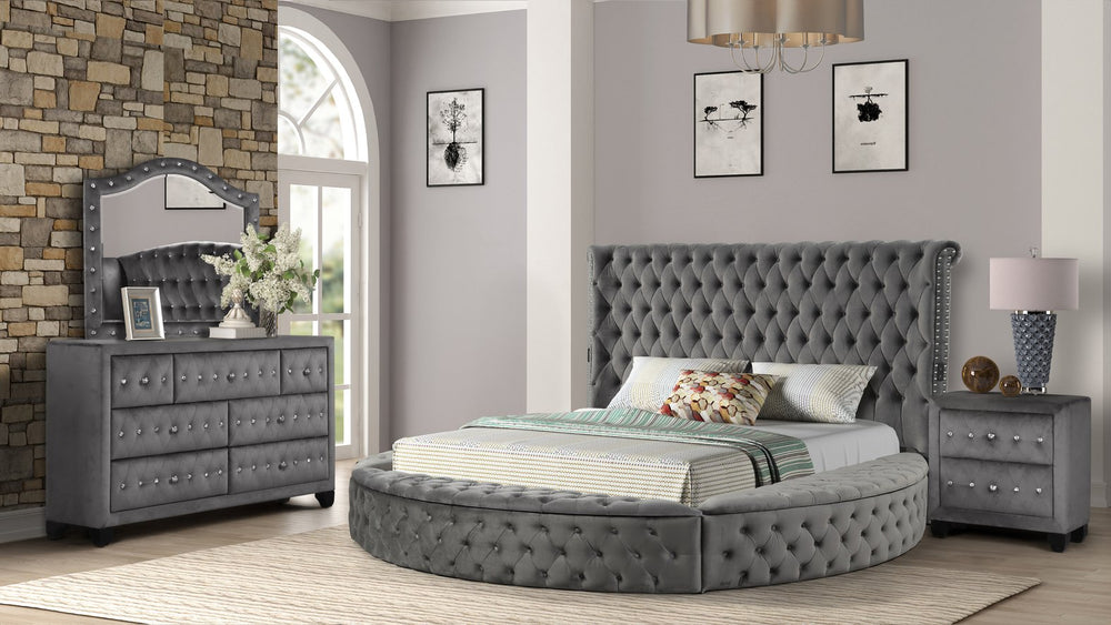 English Elm HAZEL Queen 4PC Tufted Velvet Bedroom Set with Storage, Speakers & USB Ports in Gray — Luxe Glam 808857645593