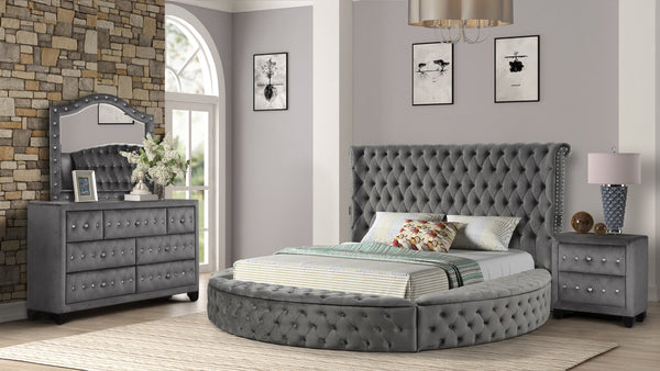English Elm HAZEL Queen 4PC Tufted Velvet Bedroom Set with Storage, Speakers & USB Ports in Gray — Luxe Glam 808857645593