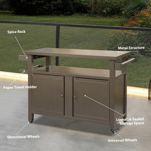English Elm Grill Cart Outdoor Metal Rolling Prep Station with Lockable Cabinet and Caster Wheels Brown W1859P170173