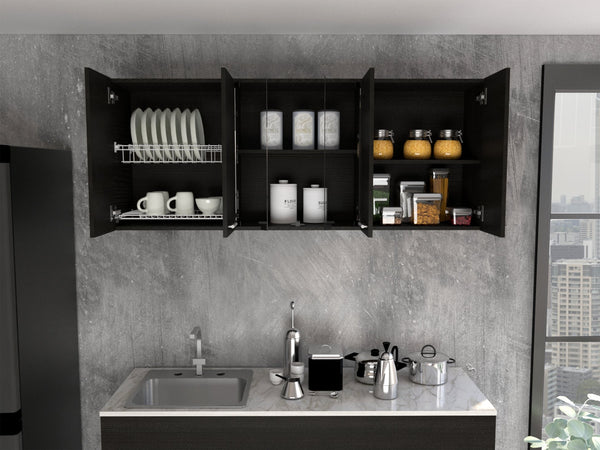 English Elm Yuma 150" Wall Cabinet Black with Two Closed Cabinets, Glass Center Shelves & Built-In Dish Rack B128P148994