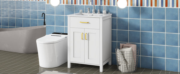 English Elm 24"Bathroom Vanity Combo with Ceramic Sink, Space-Saving Modern White Vanity with Gold Handles, 2 Doors WF323088AAK