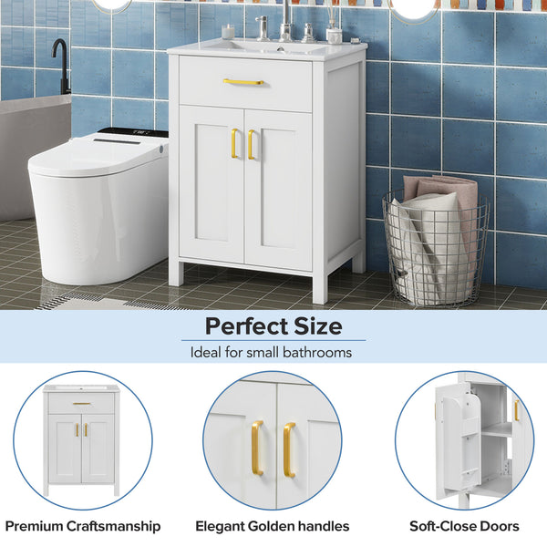 English Elm 24"Bathroom Vanity Combo with Ceramic Sink, Space-Saving Modern White Vanity with Gold Handles, 2 Doors WF323088AAK