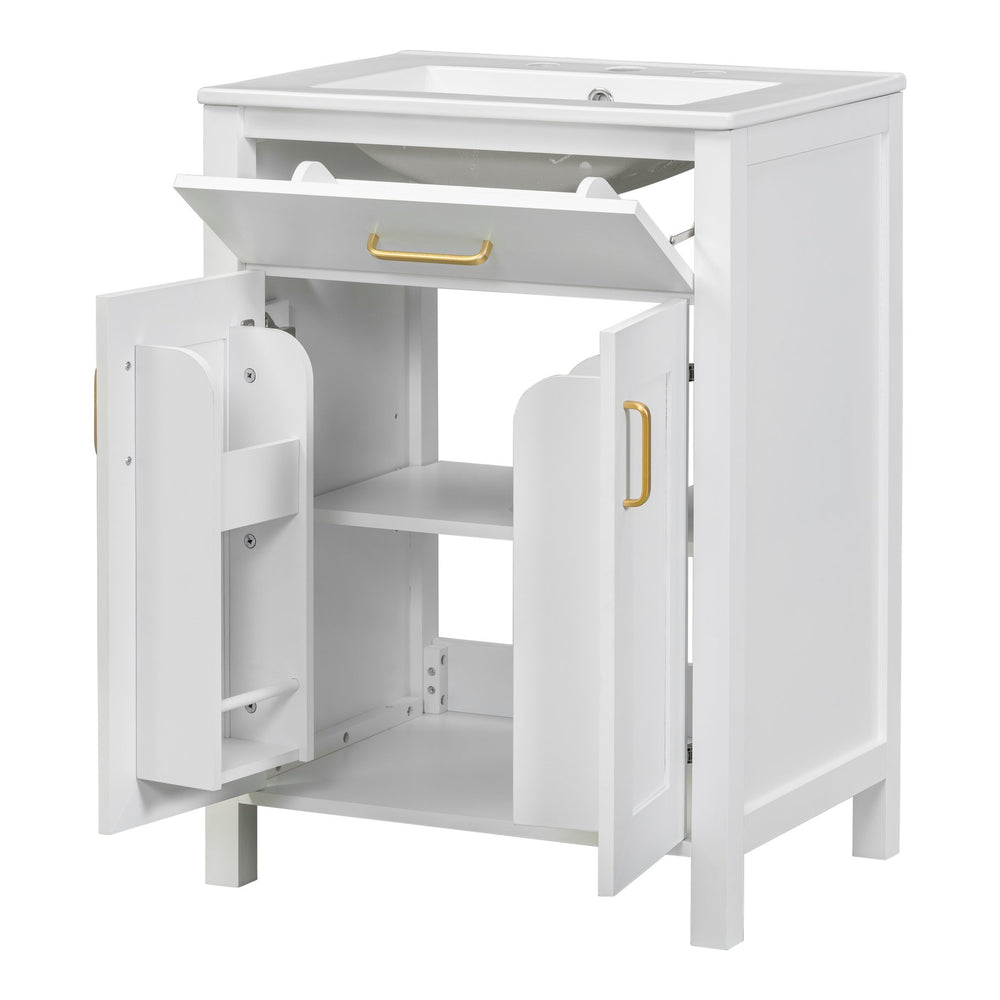 English Elm 24"Bathroom Vanity Combo with Ceramic Sink, Space-Saving Modern White Vanity with Gold Handles, 2 Doors WF323088AAK