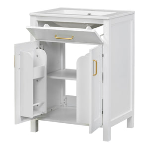 English Elm 24"Bathroom Vanity Combo with Ceramic Sink, Space-Saving Modern White Vanity with Gold Handles, 2 Doors WF323088AAK