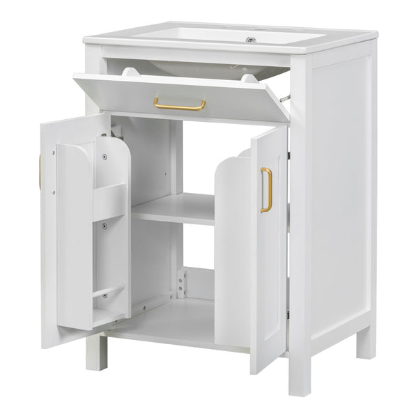 English Elm 24"Bathroom Vanity Combo with Ceramic Sink, Space-Saving Modern White Vanity with Gold Handles, 2 Doors WF323088AAK
