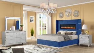 English Elm Modern Lizelle King 4PC Bedroom Set with LED Fireplace Headboard, Bluetooth Speakers, USB, Velvet Upholstery, 9-Drawer Dresser and Mirror B009S01246