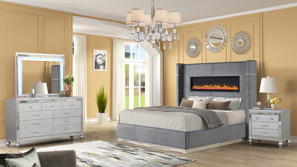 English Elm LIZELLE Queen 4PC Bedroom Set with Velvet Upholstery, LED Fireplace Display, USB, Bluetooth, Gray B009S01236