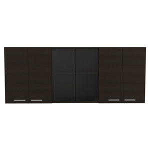 English Elm Yuma 150" Wall Cabinet Black with Two Closed Cabinets, Glass Center Shelves & Built-In Dish Rack B128P148994