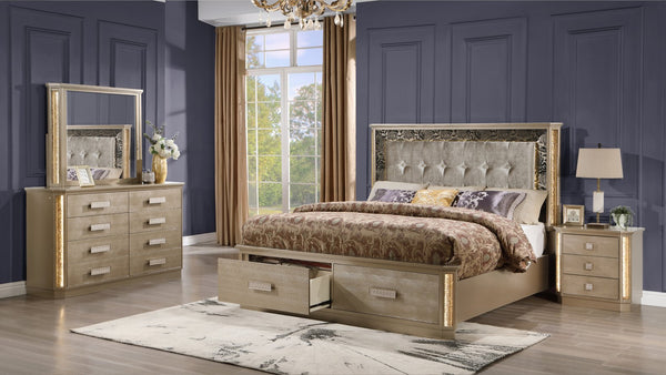 English Elm Medusa 4Pc Bedroom Set In Opulent Gold With Led Accents & Plush Upholstery For Luxurious Style B009S01073