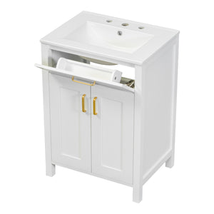 English Elm 24"Bathroom Vanity Combo with Ceramic Sink, Space-Saving Modern White Vanity with Gold Handles, 2 Doors WF323088AAK