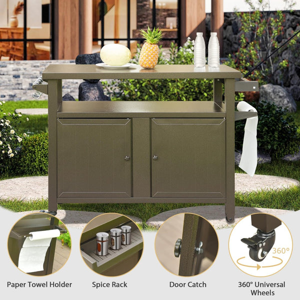 English Elm Grill Cart Outdoor Metal Rolling Prep Station with Lockable Cabinet and Caster Wheels Brown W1859P170173