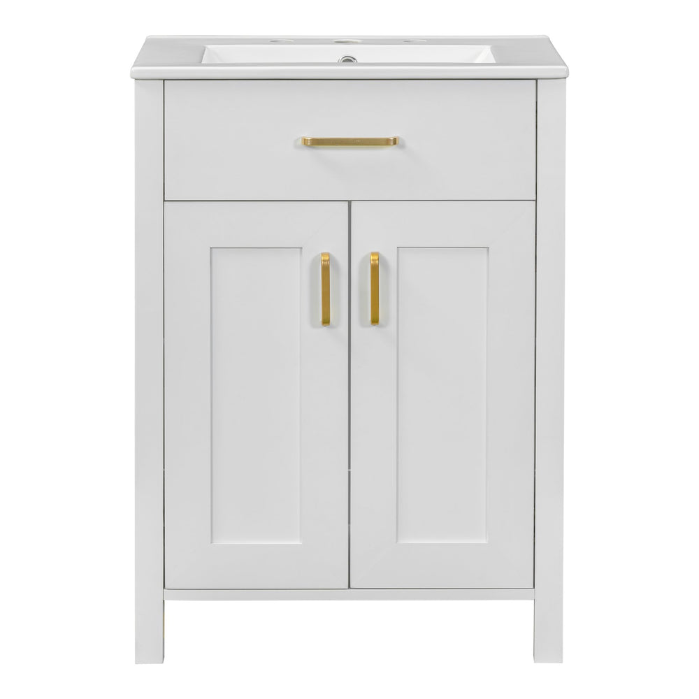 English Elm 24"Bathroom Vanity Combo with Ceramic Sink, Space-Saving Modern White Vanity with Gold Handles, 2 Doors WF323088AAK