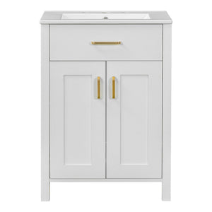 English Elm 24"Bathroom Vanity Combo with Ceramic Sink, Space-Saving Modern White Vanity with Gold Handles, 2 Doors WF323088AAK