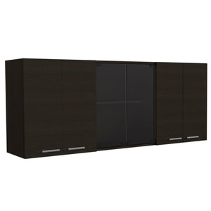 English Elm Yuma 150" Wall Cabinet Black with Two Closed Cabinets, Glass Center Shelves & Built-In Dish Rack B128P148994