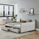 Queen Size Daybed with Drawers Upholstered Tufted Sofa Bed, , With Button On Back On Waved Shape Arms