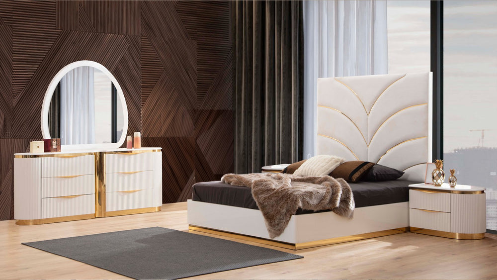 English Elm Gold Laura King 5-Piece Bedroom Set White Velvet Upholstery Geometric Gold Accents, Soft-Close Drawers B009S02054