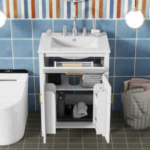 English Elm 24"Bathroom Vanity Combo with Ceramic Sink, Space-Saving Modern White Vanity with Gold Handles, 2 Doors WF323088AAK