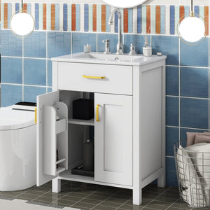 English Elm 24"Bathroom Vanity Combo with Ceramic Sink, Space-Saving Modern White Vanity with Gold Handles, 2 Doors WF323088AAK