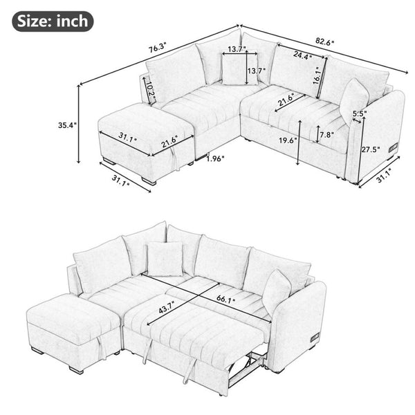 English Elm 82.6" Jacquard Sleeper Sectional with Usb Charging Ottoman Storage Modern Studio SG001440AAA