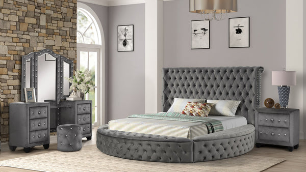 English Elm HAZEL Queen 4PC Vanity Bedroom Set – Tufted Velvet Headboard, Built‑In Speakers, USB Ports, Gray Glam 659436051676