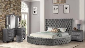 English Elm HAZEL Queen 4PC Vanity Set Gray Velvet Tufted Bed w/ Speakers, USB Ports, Storage Nightstand Mirror Stool B009S02085