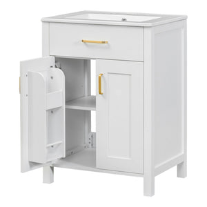 English Elm 24"Bathroom Vanity Combo with Ceramic Sink, Space-Saving Modern White Vanity with Gold Handles, 2 Doors WF323088AAK