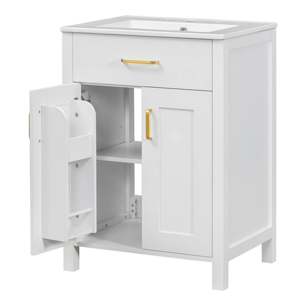 English Elm 24"Bathroom Vanity Combo with Ceramic Sink, Space-Saving Modern White Vanity with Gold Handles, 2 Doors WF323088AAK