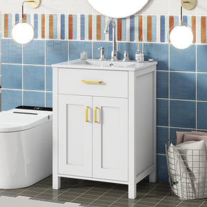 English Elm 24"Bathroom Vanity Combo with Ceramic Sink, Space-Saving Modern White Vanity with Gold Handles, 2 Doors WF323088AAK