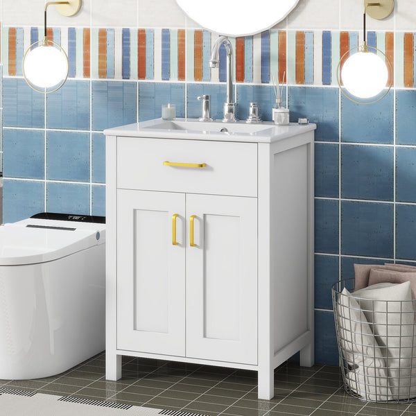 English Elm 24"Bathroom Vanity Combo with Ceramic Sink, Space-Saving Modern White Vanity with Gold Handles, 2 Doors WF323088AAK