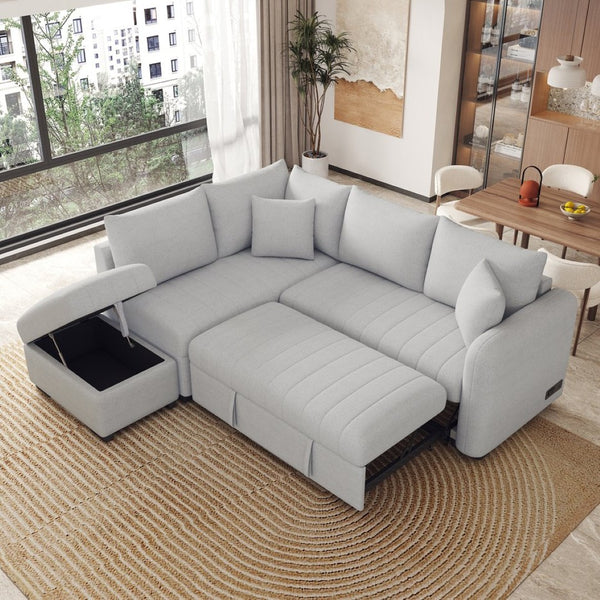 English Elm 82.6" Jacquard Sleeper Sectional with Usb Charging Ottoman Storage Modern Studio SG001440AAE
