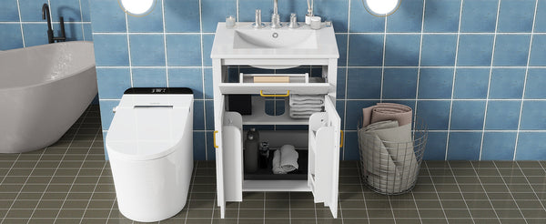 English Elm 24"Bathroom Vanity Combo with Ceramic Sink, Space-Saving Modern White Vanity with Gold Handles, 2 Doors WF323088AAK