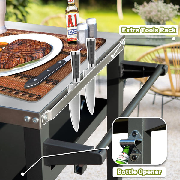English Elm 3-shelf Outdoor Stainless Steel Grill Cart with Locking Wheels and Built-in Tool Hooks W1859P170285