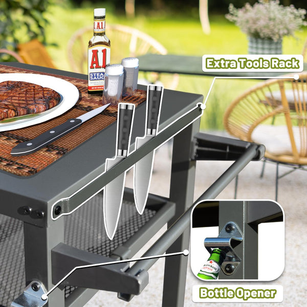 English Elm 3-shelf Outdoor Stainless Steel Grill Cart with Locking Wheels and Built-in Tool Hooks W1859P170284