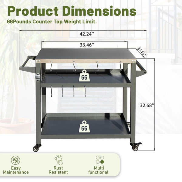 English Elm 3-shelf Outdoor Stainless Steel Grill Cart with Locking Wheels and Built-in Tool Hooks W1859P170285