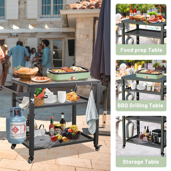 English Elm 3-shelf Outdoor Stainless Steel Grill Cart with Locking Wheels and Built-in Tool Hooks W1859P170285