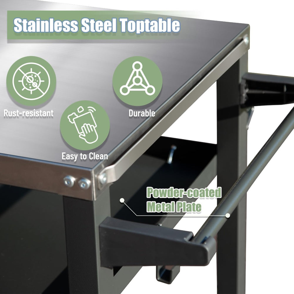 English Elm 3-shelf Outdoor Stainless Steel Grill Cart with Locking Wheels and Built-in Tool Hooks W1859P170285