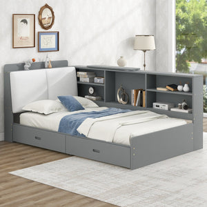 English Elm Wood Twin platform bed with storage headboard, shelves and 2 drawers for small spaces, sturdy frame Antique Gray GX002031AAE