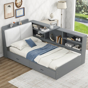 English Elm Wood Twin platform bed with storage headboard, shelves and 2 drawers for small spaces, sturdy frame Antique Gray GX002031AAE