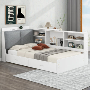 English Elm Wood Twin platform bed with storage headboard, shelves and 2 drawers for small spaces, sturdy frame White GX002031AAK