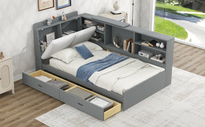 English Elm Wood Twin platform bed with storage headboard, shelves and 2 drawers for small spaces, sturdy frame Antique Gray GX002031AAE