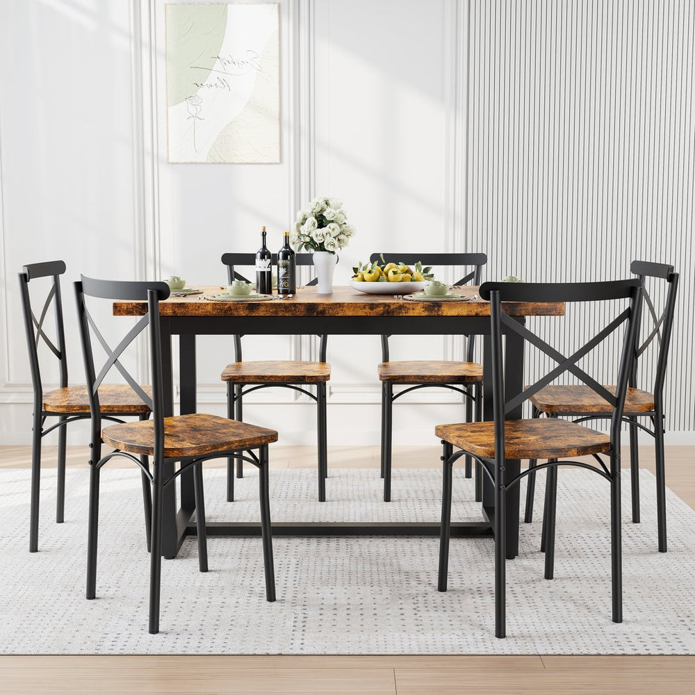 English Elm 7 7-Piece Dining Set Brown MDF & Metal Modern Kitchen Table with 6 Chairs Sturdy 22mm Board, 440lb Chair Capacity, Compact 52x28in Table for Breakfast Nook and Living Room W578S00006