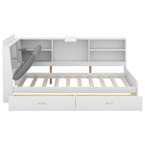 English Elm Wood Twin platform bed with storage headboard, shelves and 2 drawers for small spaces, sturdy frame White GX002031AAK