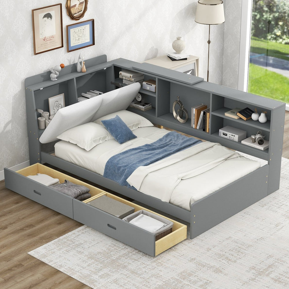 English Elm Wood Twin platform bed with storage headboard, shelves and 2 drawers for small spaces, sturdy frame Antique Gray GX002031AAE