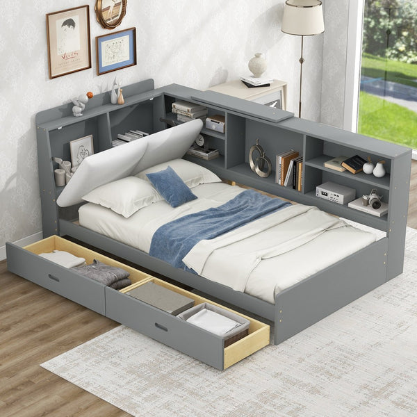 English Elm Wood Twin platform bed with storage headboard, shelves and 2 drawers for small spaces, sturdy frame Antique Gray GX002031AAE