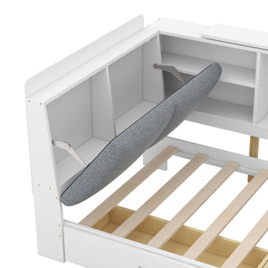 English Elm Wood Twin platform bed with storage headboard, shelves and 2 drawers for small spaces, sturdy frame White GX002031AAK